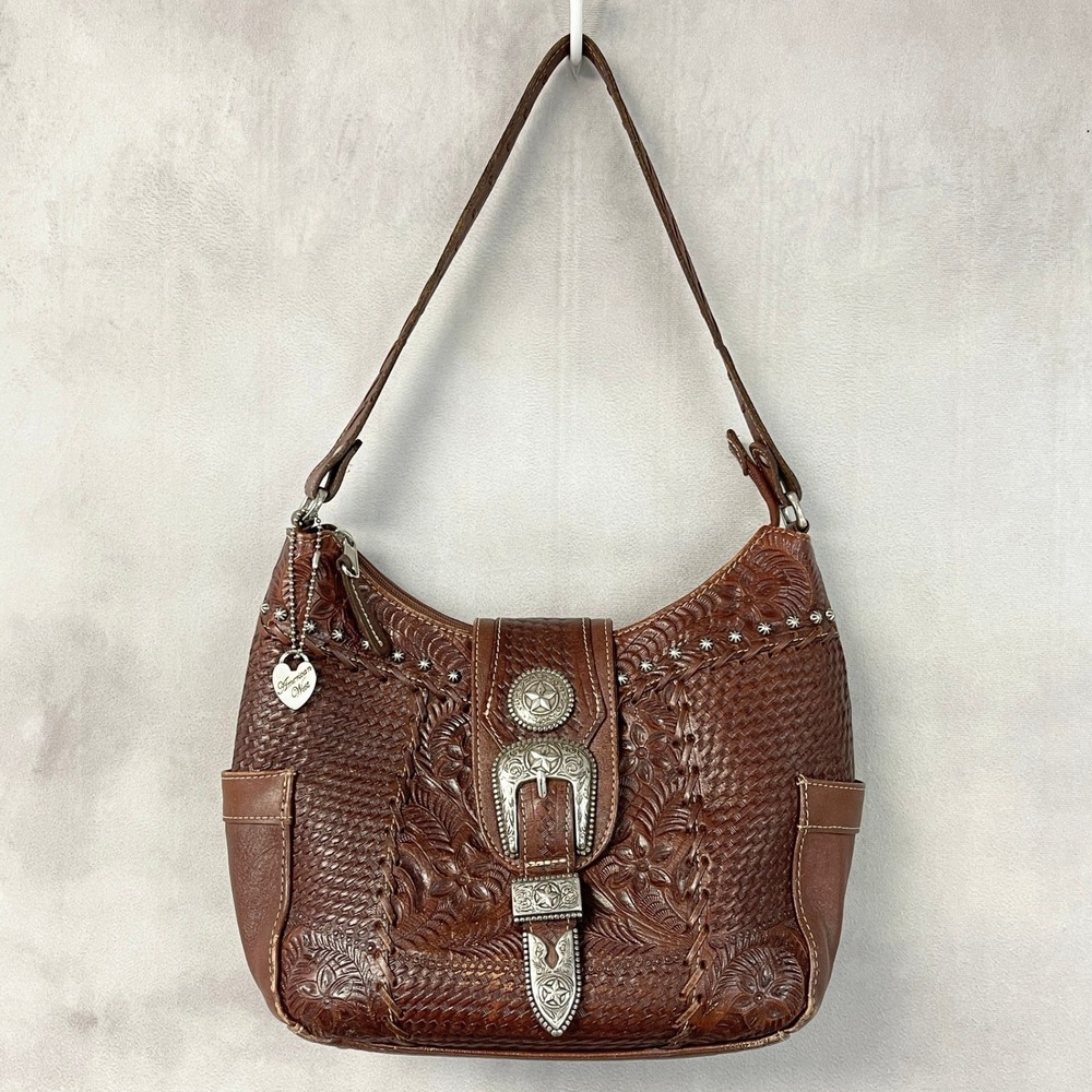 American West Hobo Shoulder Bag Brown Tooled Leather Western Buckle Concho